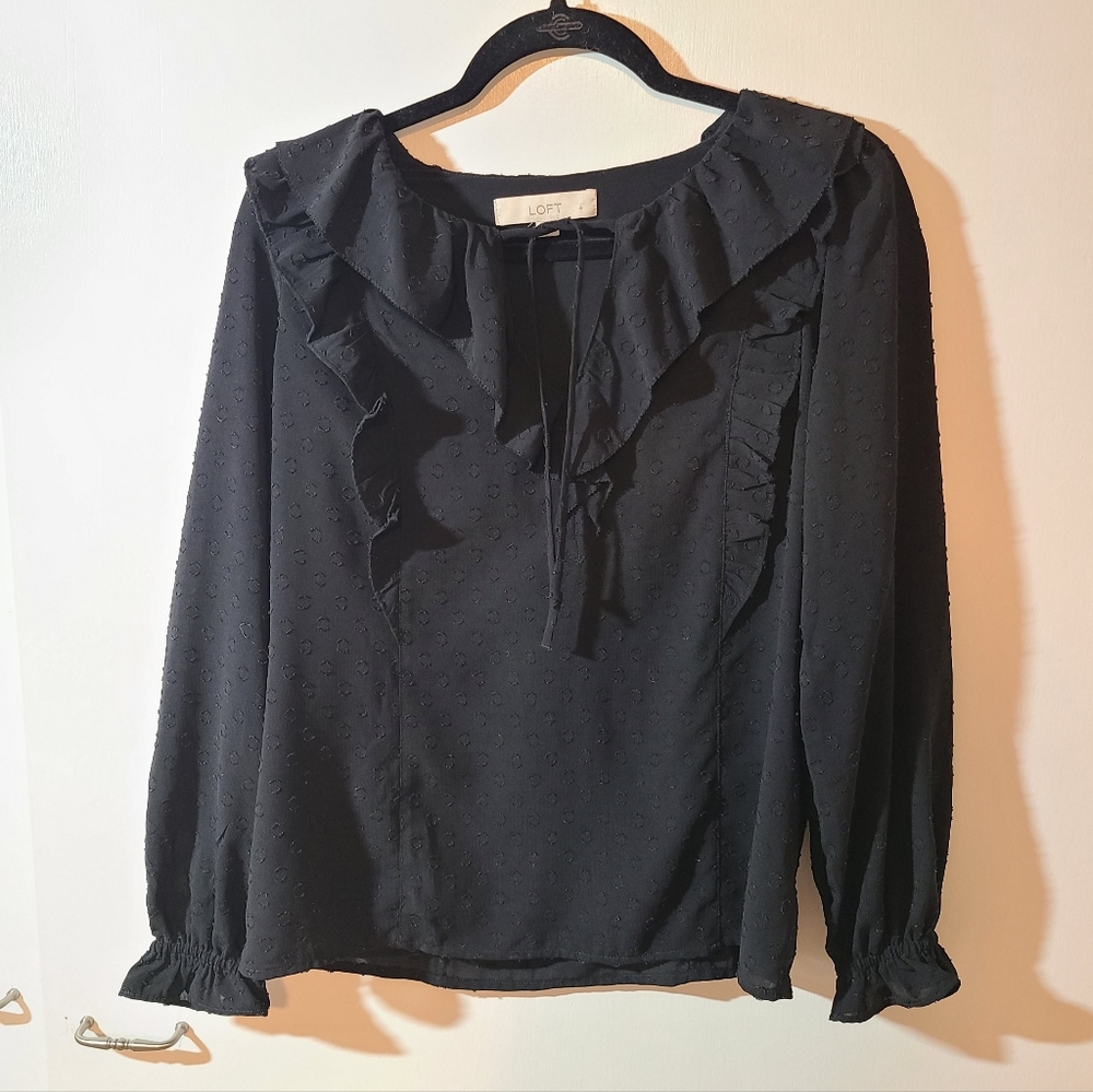 LOFT Black Ruffle Peasent Witchy Texterd Detail Blouse S